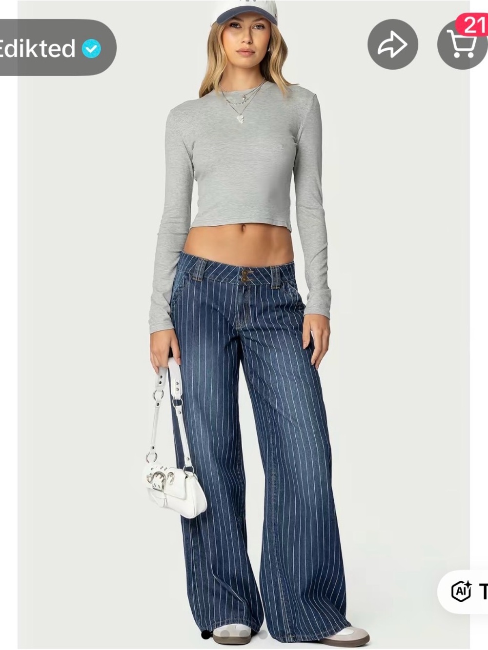 Edikted Navy Pinstripe Wide-Leg Jeans with Button Waist
